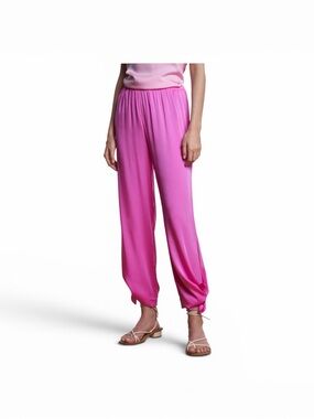 100% Silk Bright Pink Elastic-Waist  Pants